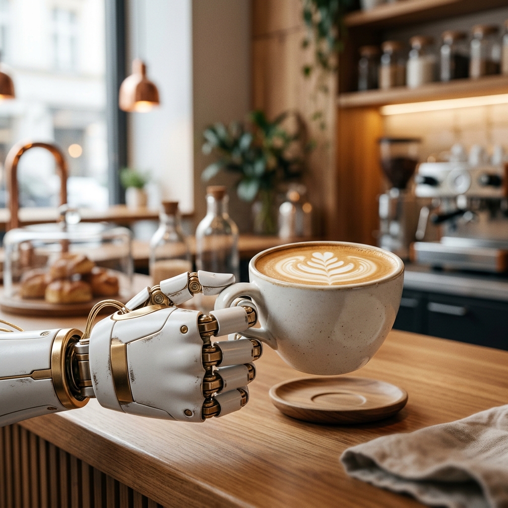 Robotic arm holding a ceramic cup of coffee