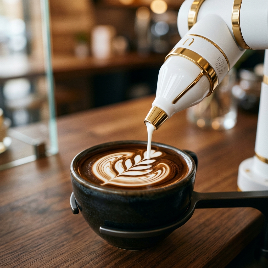 Robotic arm pouring microfoam milk latte art