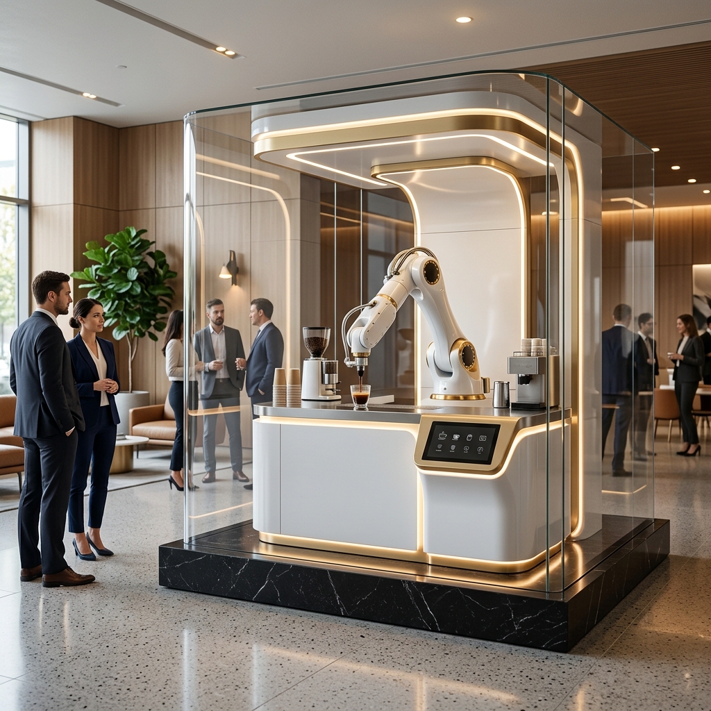 Futuristic robotic coffee kiosk in a lobby