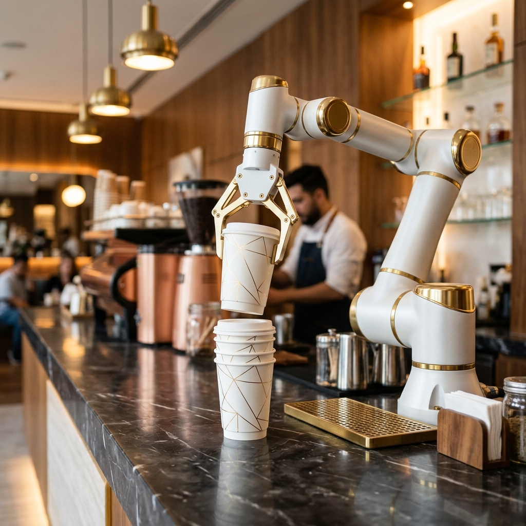 Robotic arm stacking premium takeaway cups