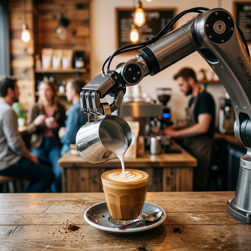 Robotic arm pouring milk latte art