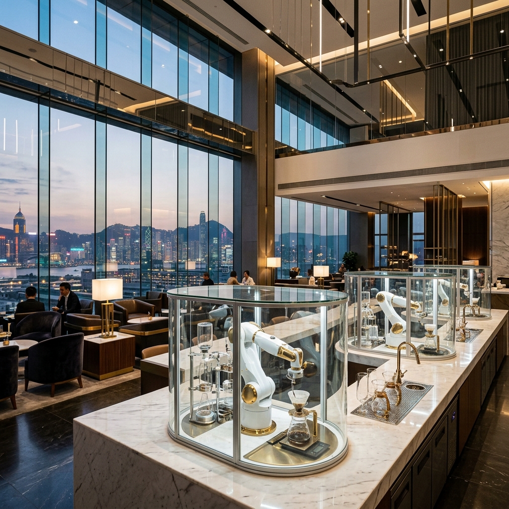 Futuristic modern robotic coffee cafe interior with glass brewing stations