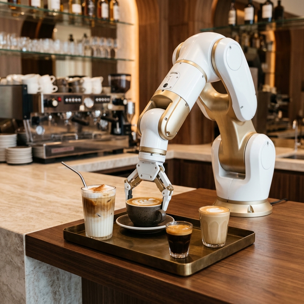 Robotic arm arranging artisan coffee drinks on a tray